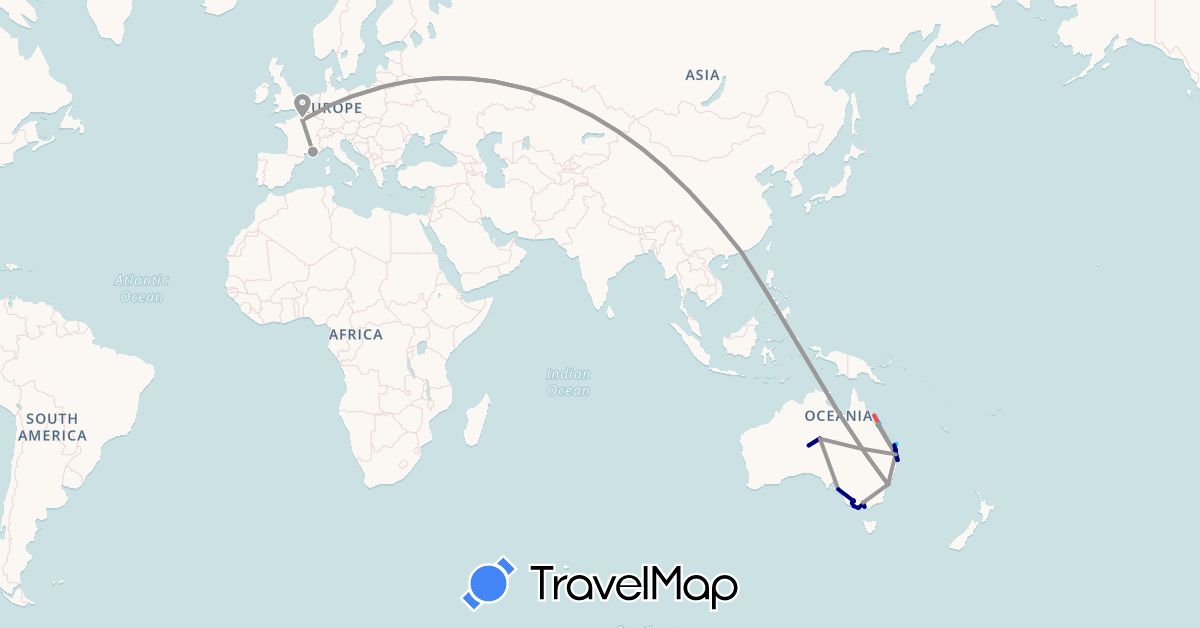 TravelMap itinerary: driving, bus, plane, hiking, boat in Australia, France, Hong Kong (Asia, Europe, Oceania)